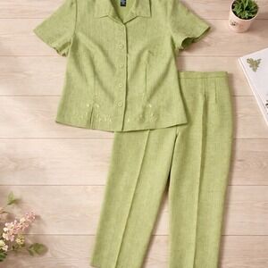 Sag Harbor Dress Woman Green 2 Piece Pant Set Floral Embroidered 18W 21-52075